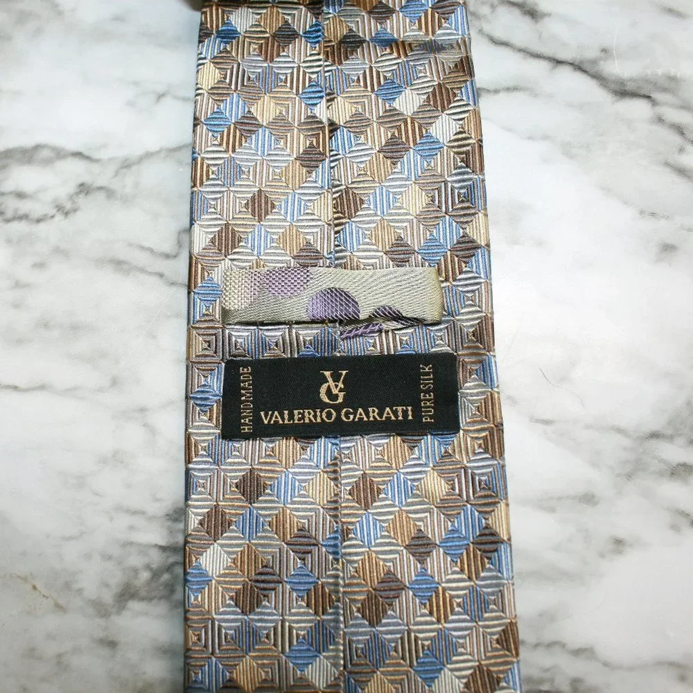 VALERIO GARATI Neck Tie Classic Patchwork Squares Neutral Tan Blue Silk Necktie